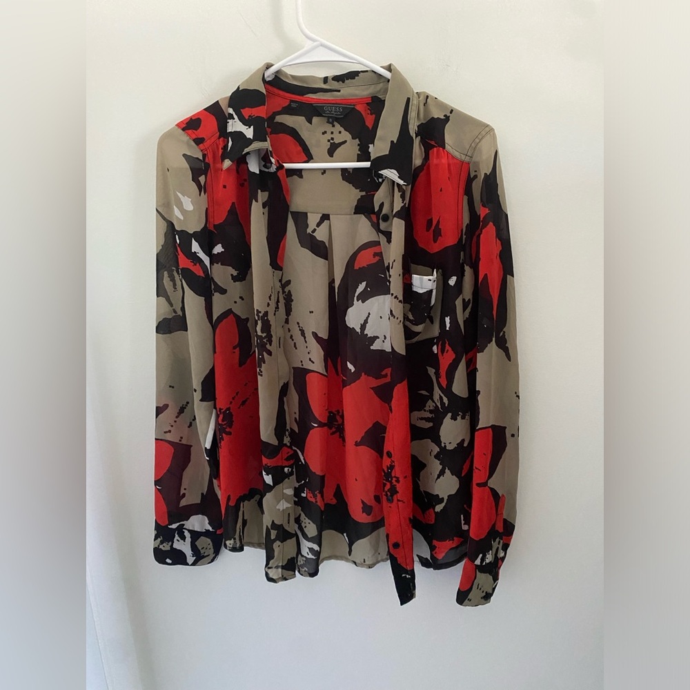 Guess Red and Black Floral Button Down Shirt